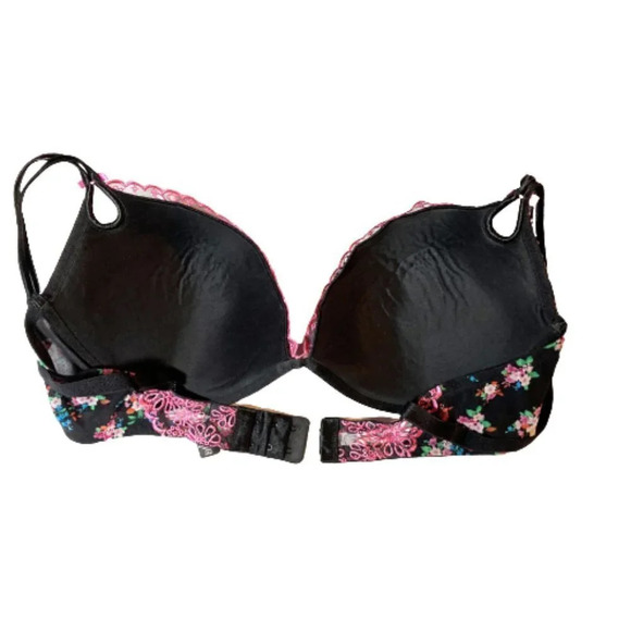 Victoria's Secret Sexy Little Things Black Floral Pink Embroidered Lace Bra, 38D - Picture 5 of 8